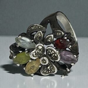 VTG 925 Sterling Silver Marcasite & Multi-Stone Flower Ring Size 7 AS-IS Repair